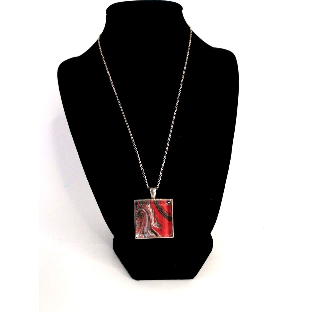 Acrylic Handmade Square Pendant Abstract Red Silver & Black Chain 925 Silver